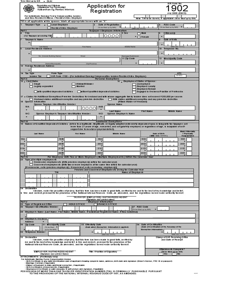 BIR Form 1902: Registration for Employees | PDF | Identity Document ...