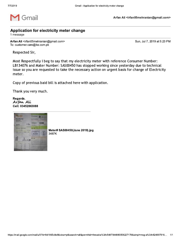 Gmail Application For Electricity Meter Change PDF
