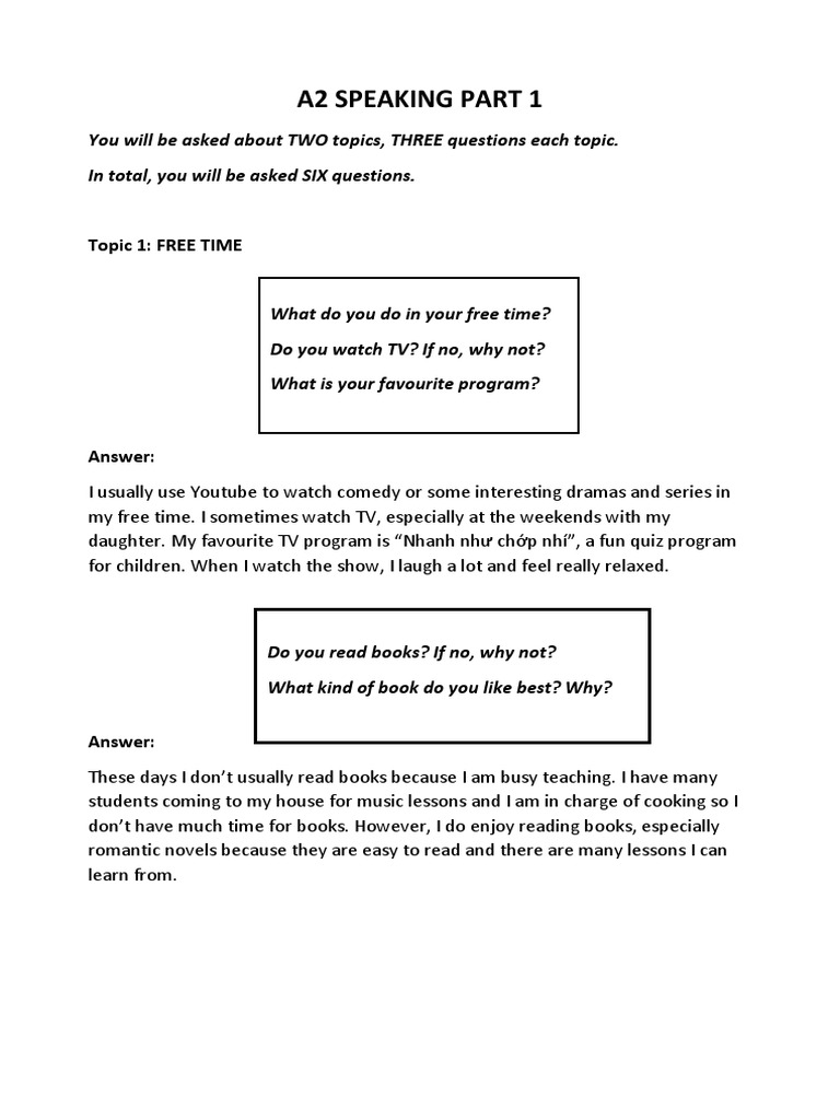 A2 Speaking Part 1 Topics Guide | PDF | Food And Drink | Foods