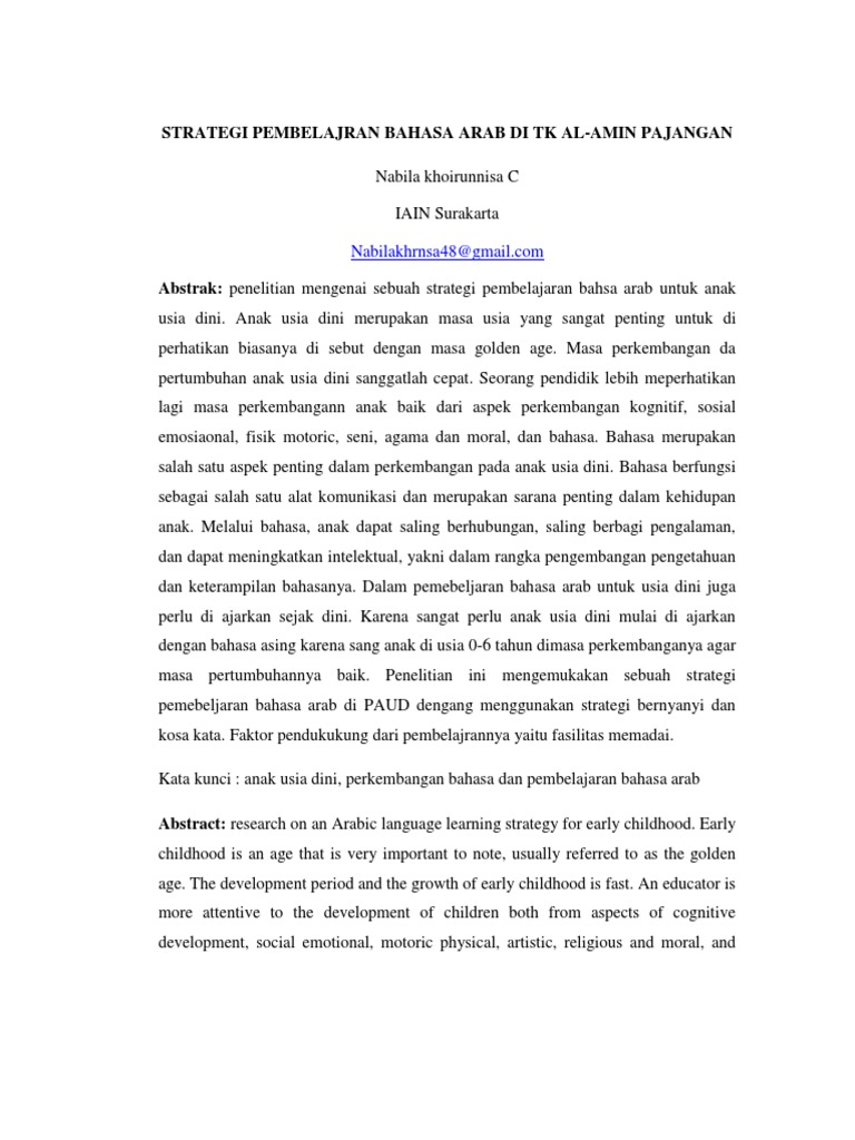 Strategi Pembelajran Bahasa Arab Di Tk Al Pdf
