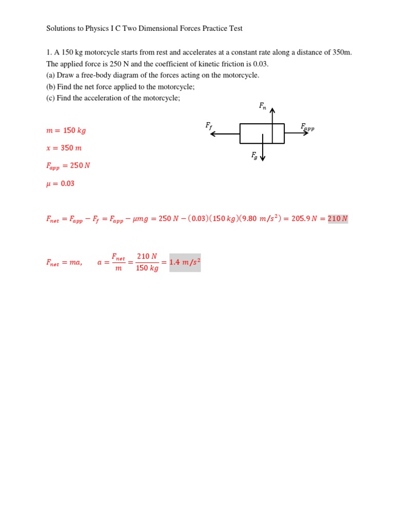 Solutions To Physics I C 2d Forces Practice Test Pdf Force Motion