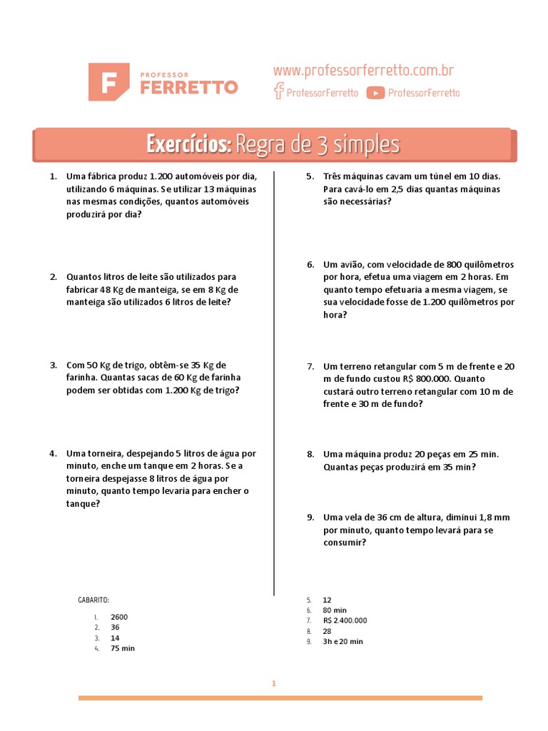 Exercícios: Regra De 3 Simples: Professorferretto Professorferretto