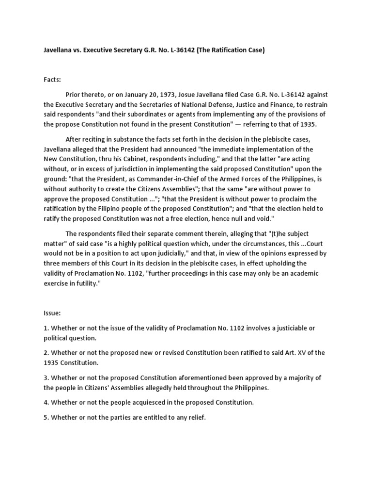 Javellana Vs Executive Secretary PDF Ratification Public Law