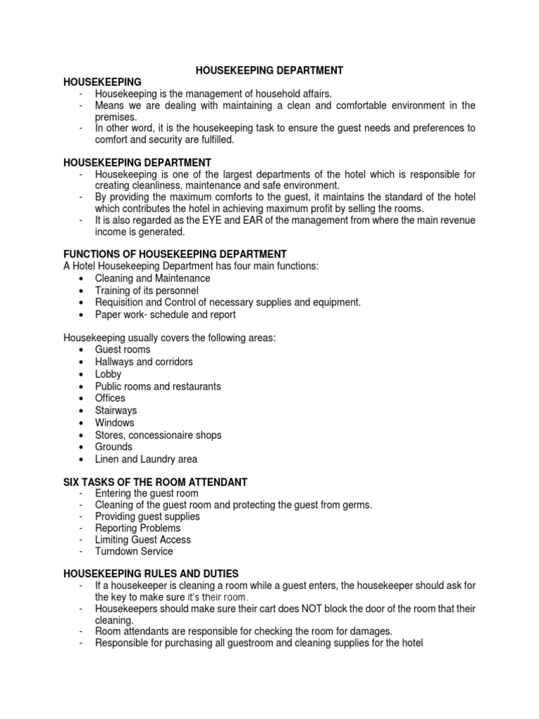 Housekeeping Department Docx Housekeeping Laundry