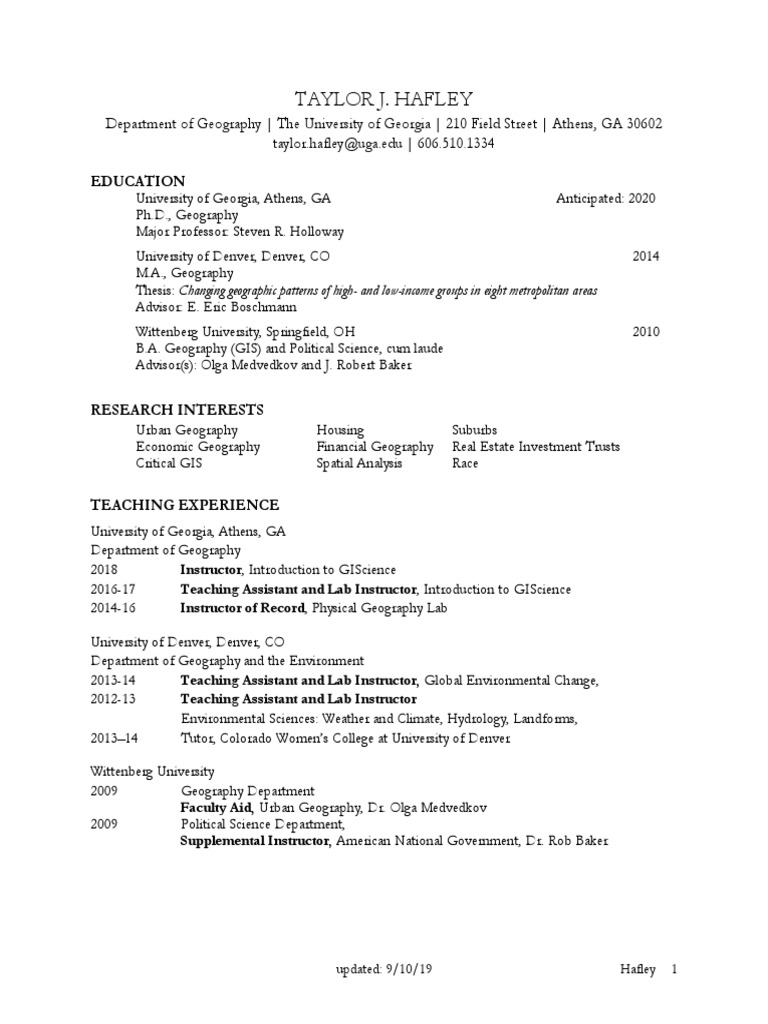 Taylor Hafley's Geography CV and Research | PDF | Atlanta | Geography