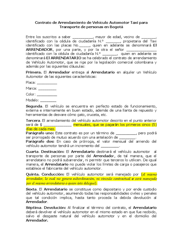 Contrato de Arrendamiento de Taxi | PDF | Alquiler | Gobierno