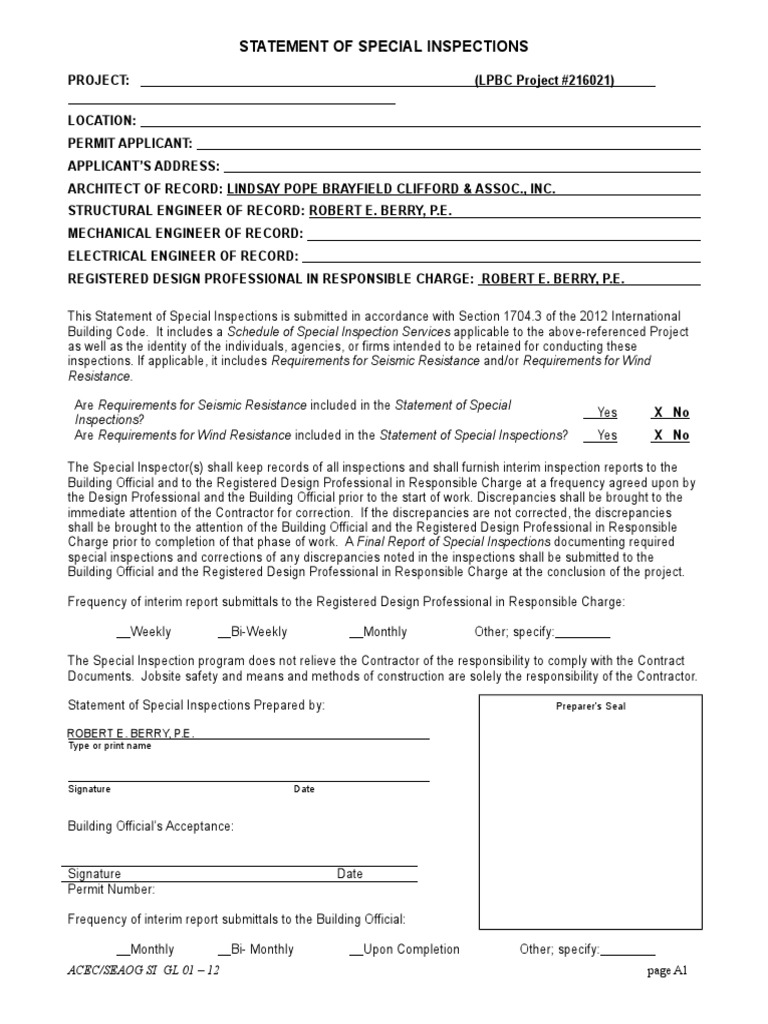 Statement Of Special Inspections Example
