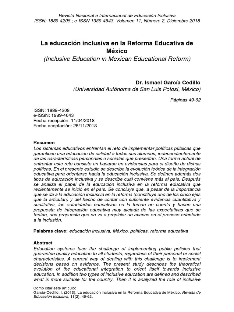 Educación Inclusiva en la Reforma Mexicana | PDF | Invalidez | Plan de ...