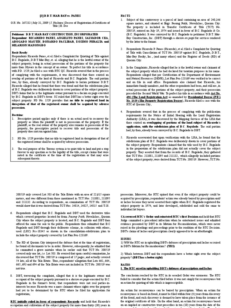 2 D.B.T. MarBay Vs Panes PDF Title (Property) Statute Of Limitations