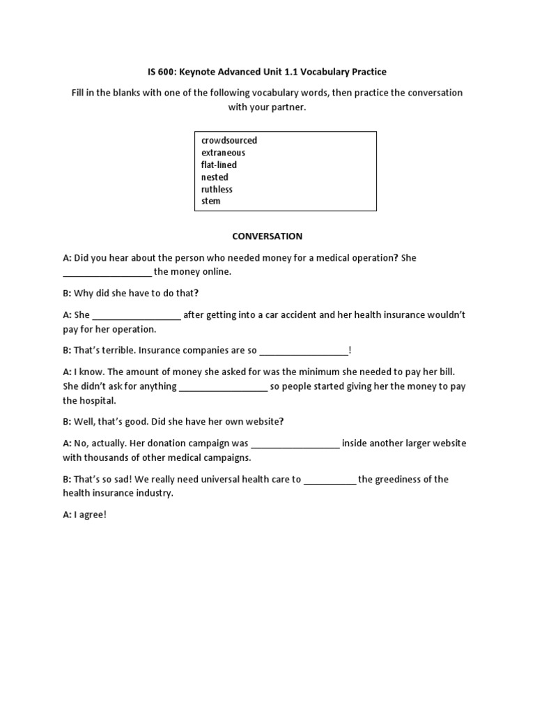 Unit 1.1 Vocabulary Practice For Keynote Advanced | PDF