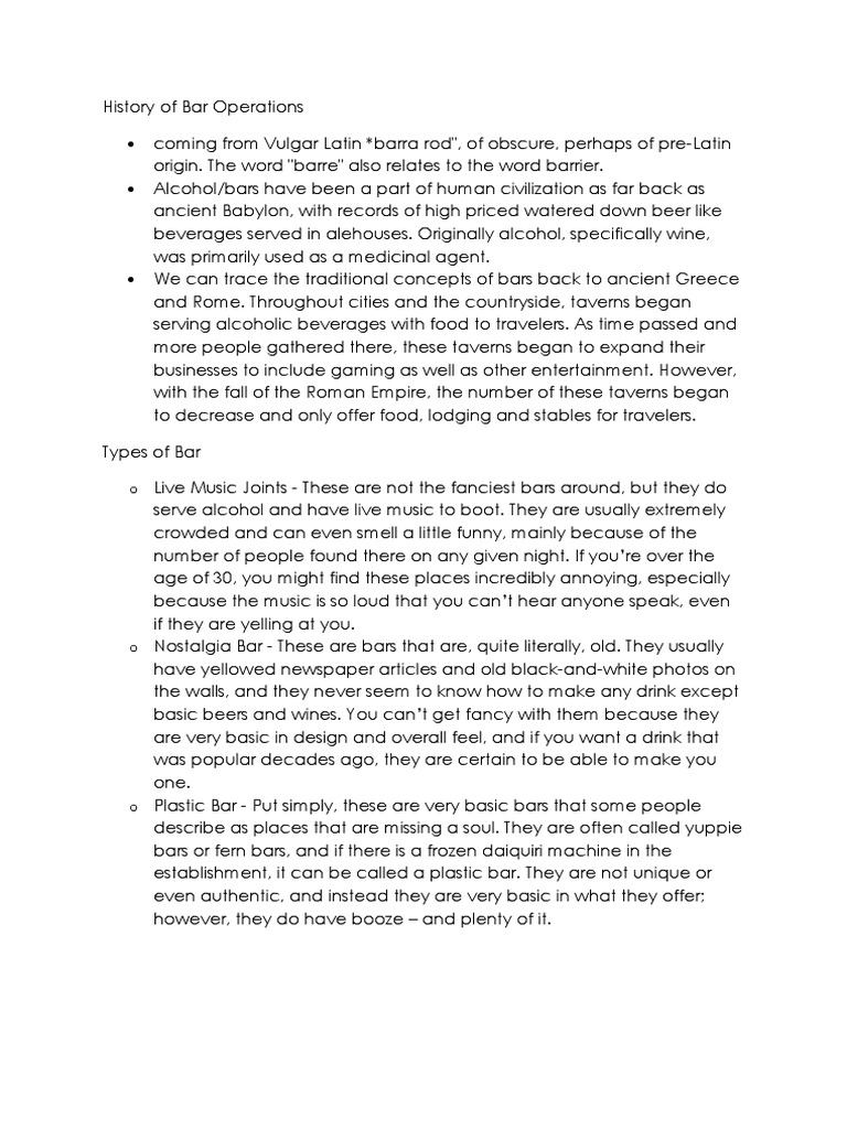History of Bar Operations PDF Bar Tavern