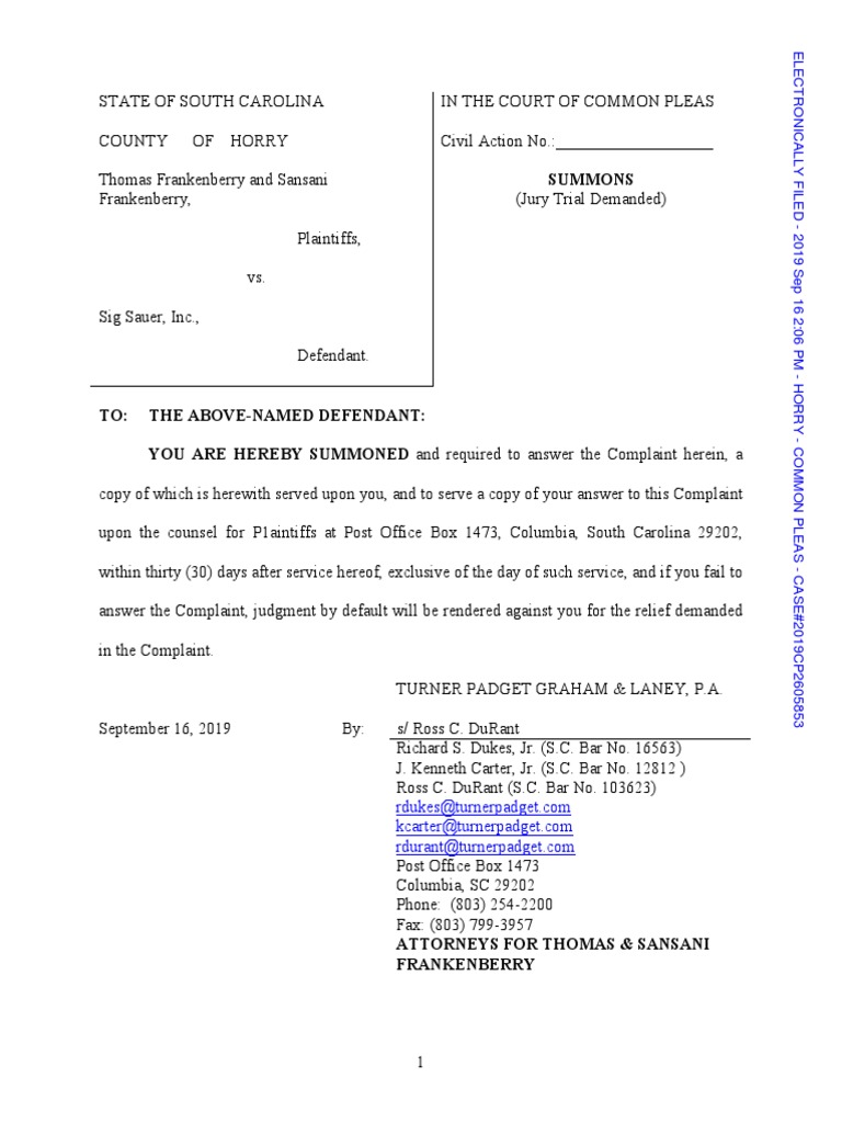Lawsuit Filed in Horry County Against Sig Sauer PDF Trigger