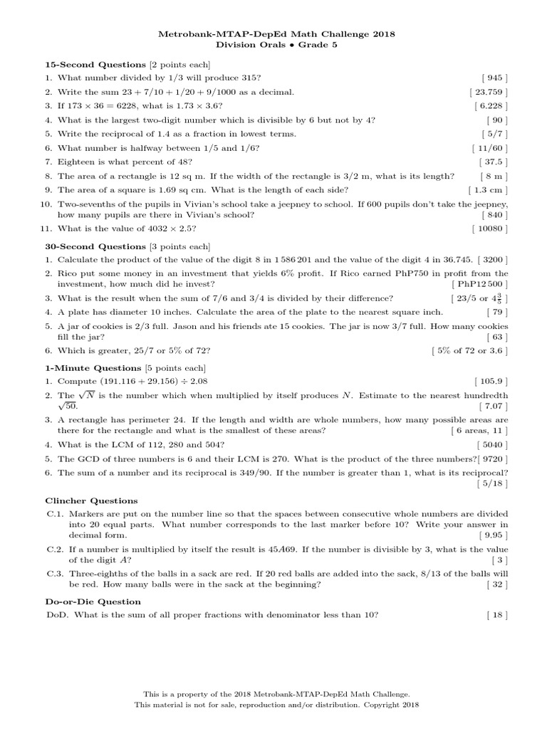 MMC Questions For Division Finals Grade 5 2 PDF Fraction