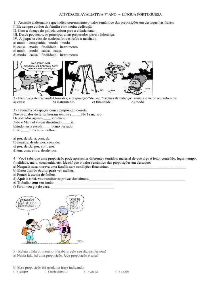 Ativiadade Preposição 7º ANO | PDF | Preposição e posposição