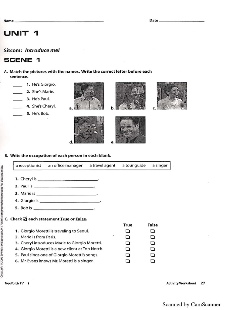 Top Notch TV Worksheet Unit 1 | PDF