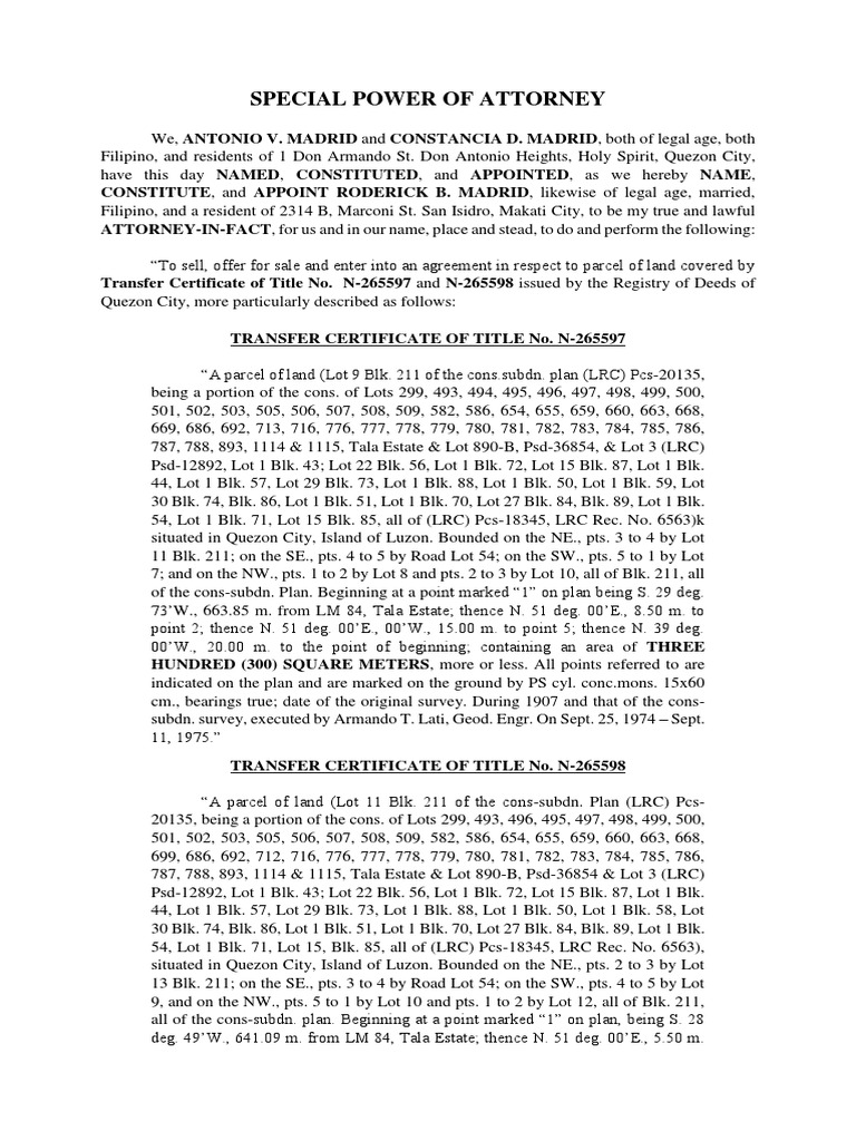 Special Power of Attorney Mr Mrs Madrid PDF Civil Law (Common