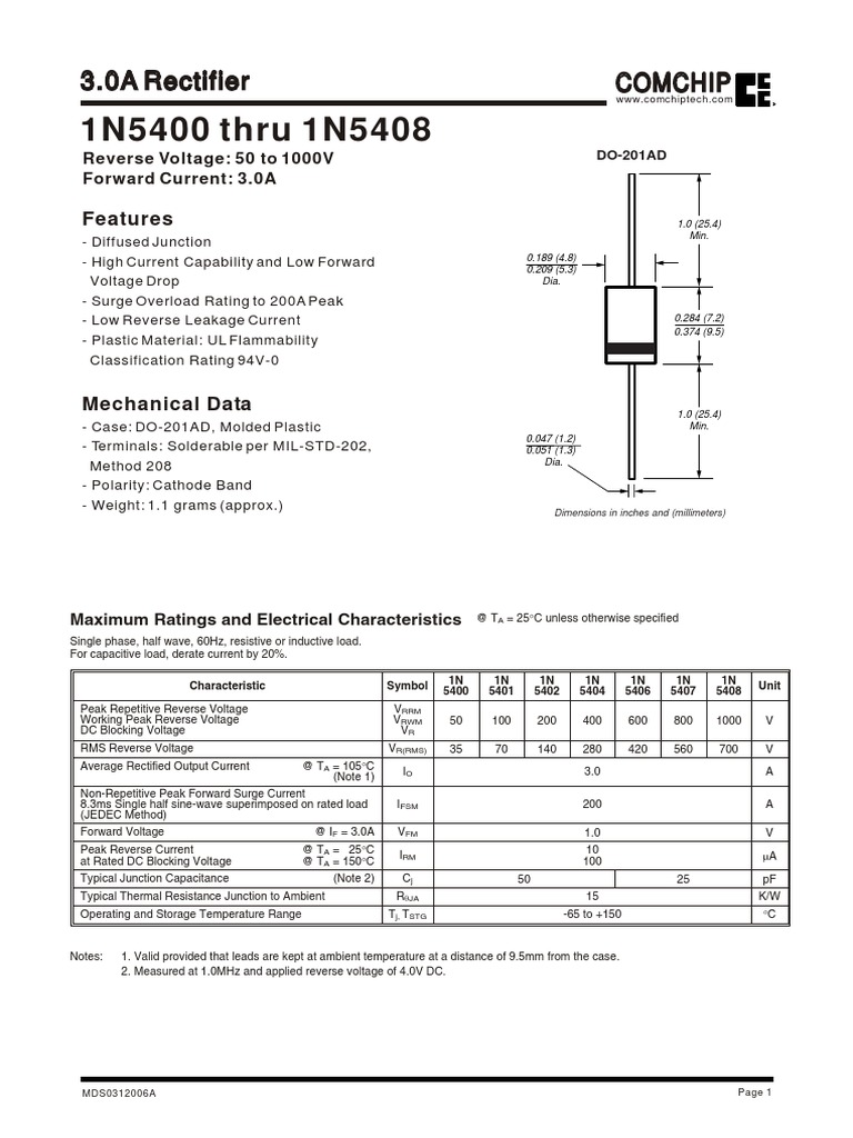 1N5400 Thru 1N5408: 3.0A Rectifier 3.0A Rectifier Comchip Comchip | PDF ...