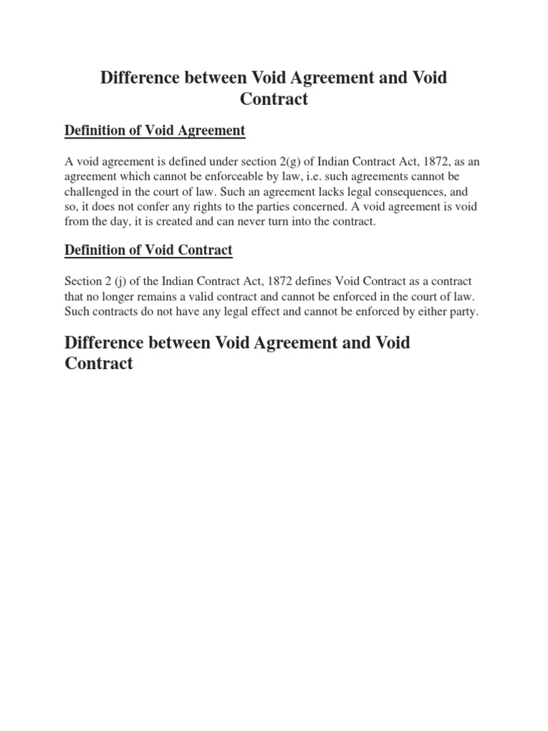 Difference Between Void Agreement and Void Contract PDF