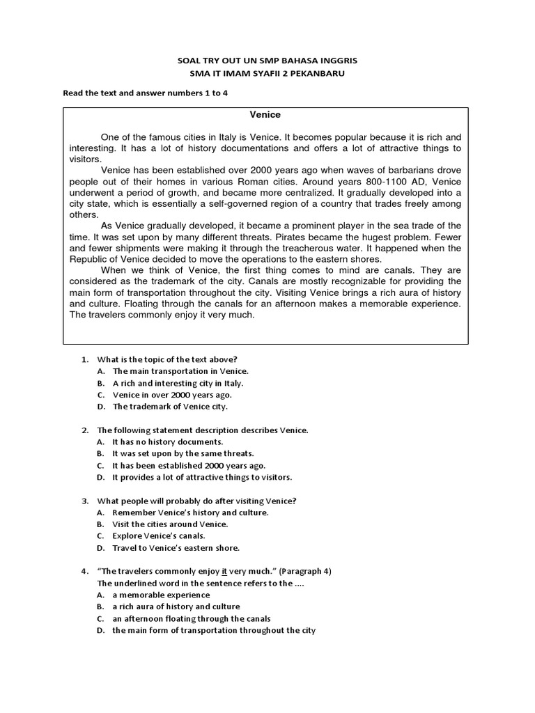 Soal Try Out Un Smp Bahasa Inggris Sma It Venice Paper