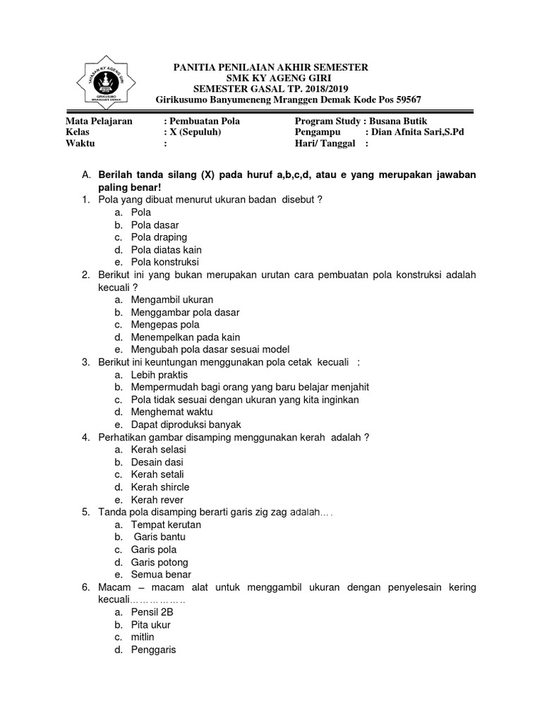 Soal Pembuatan Pola Kls 10