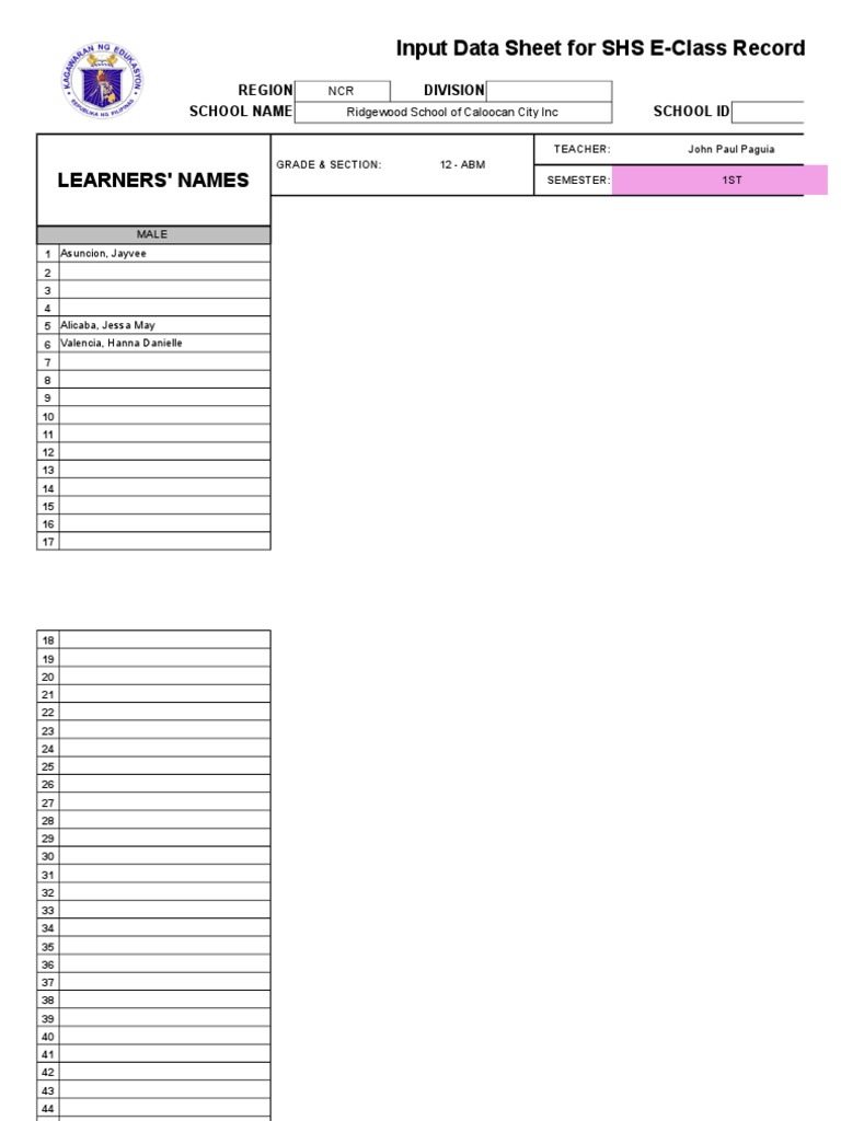 Learners names input data sheet for shs e class record pdf