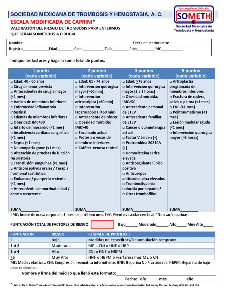 Escala Modificada de Caprini para Riesgo Trombótico | PDF | Rtt ...