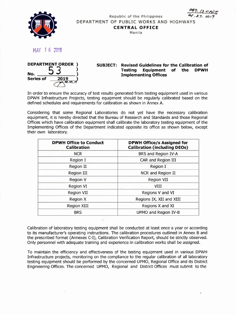 Revised Guidelines for the Calibration of Testing Equipment of the DPWH