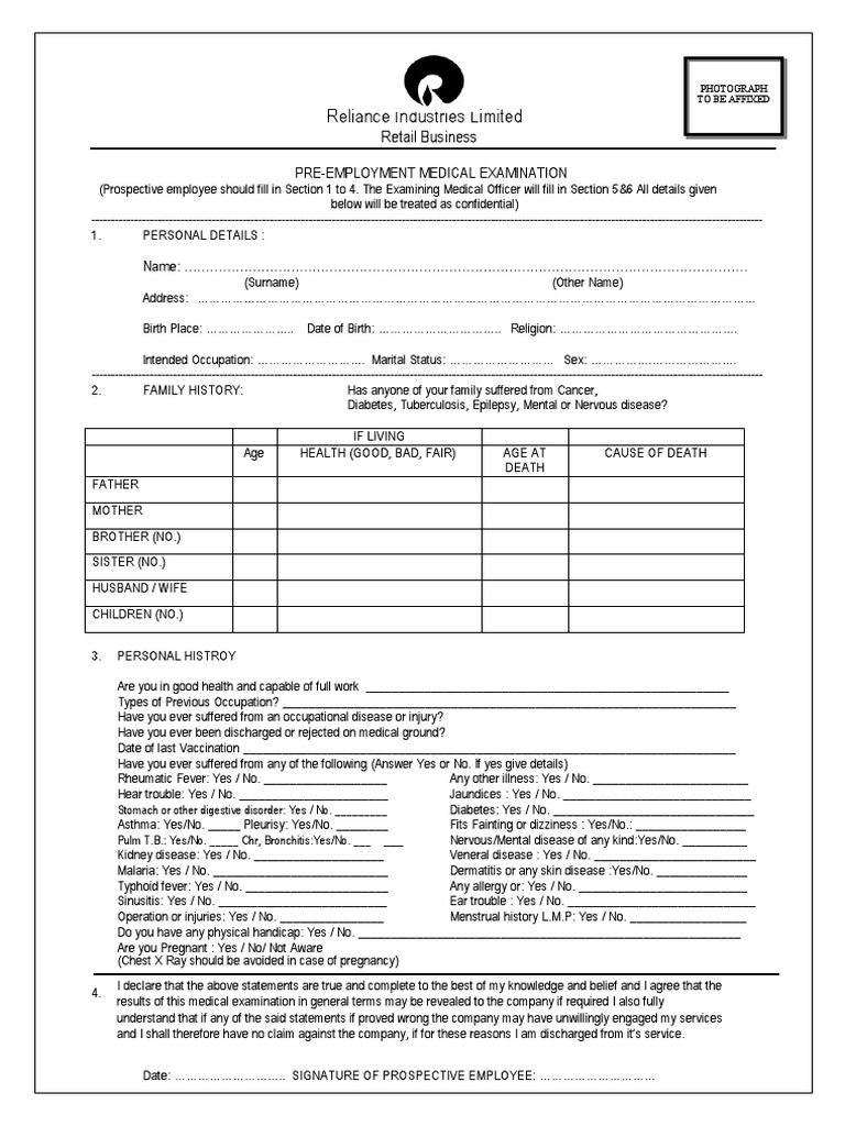Reliance Pre-Employment Medical Form | PDF | Medicine | Epidemiology