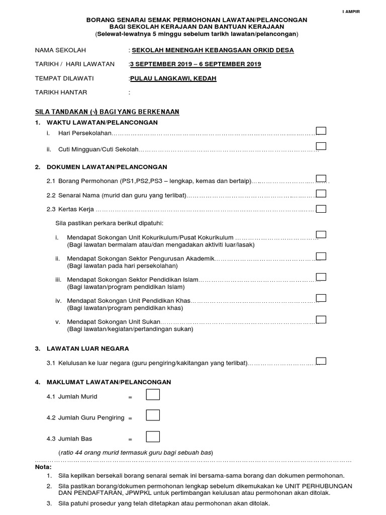 Borang Senarai Semak Permohonan Lawatan | PDF