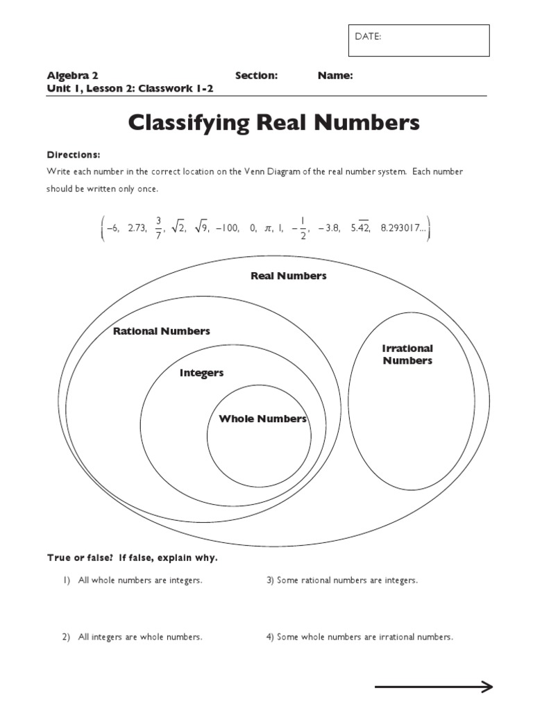 Classifying Real Numbers: Algebra 2 Section: Name: Unit 1, Lesson 2:  Classwork 1-2 | PDF | Numbers | Integer
