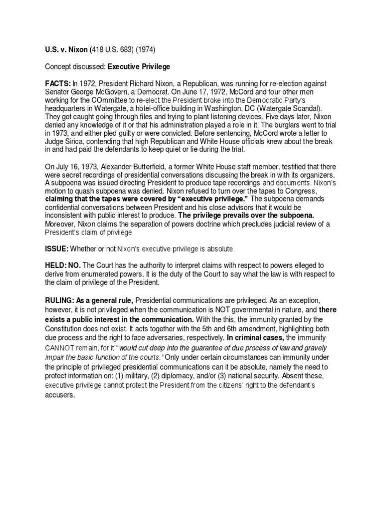 US V Nixon PDF Executive Privilege Watergate Scandal