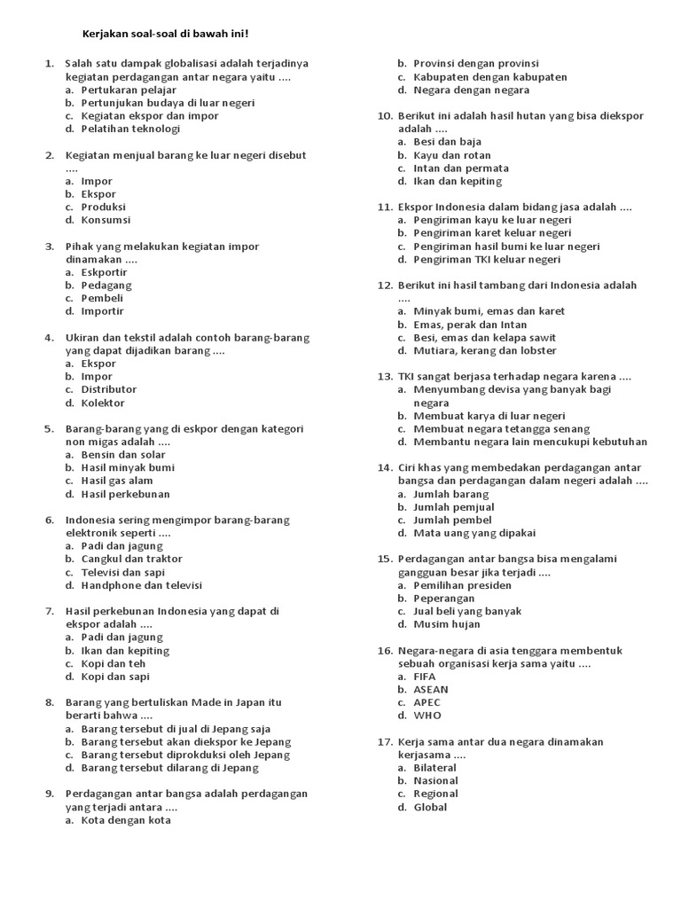 Soal Ekspor Dan Impor Kewirausahaan Kelas 6