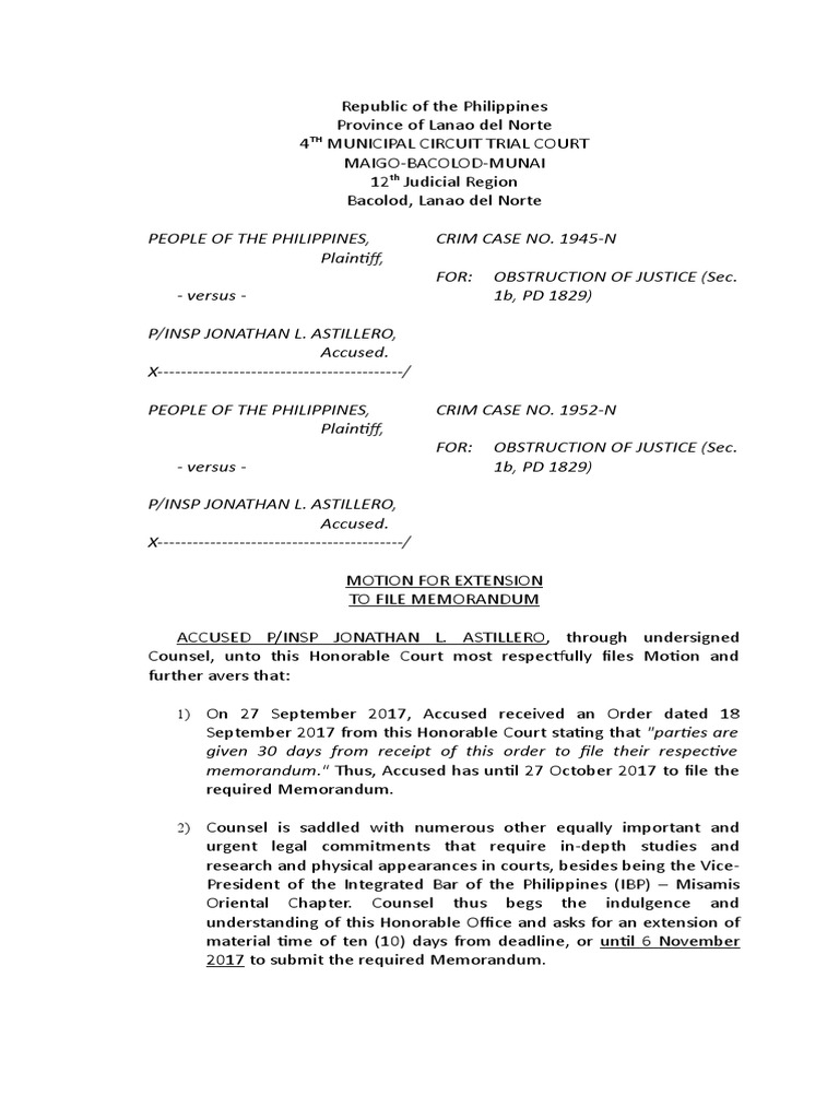 10 26 2017 Motion For Extension Memorandum Astillero | PDF | Virtue ...