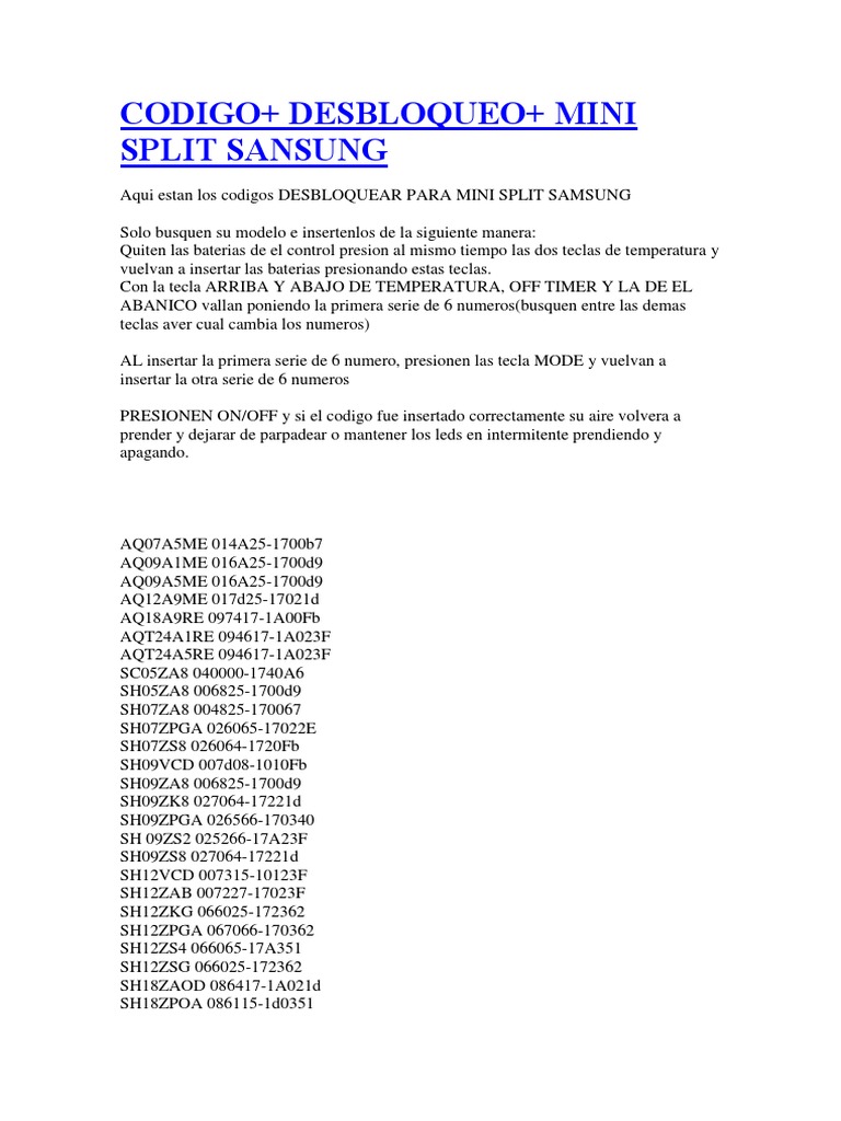 Códigos de Desbloqueo Mini Split Samsung | PDF | Naturaleza