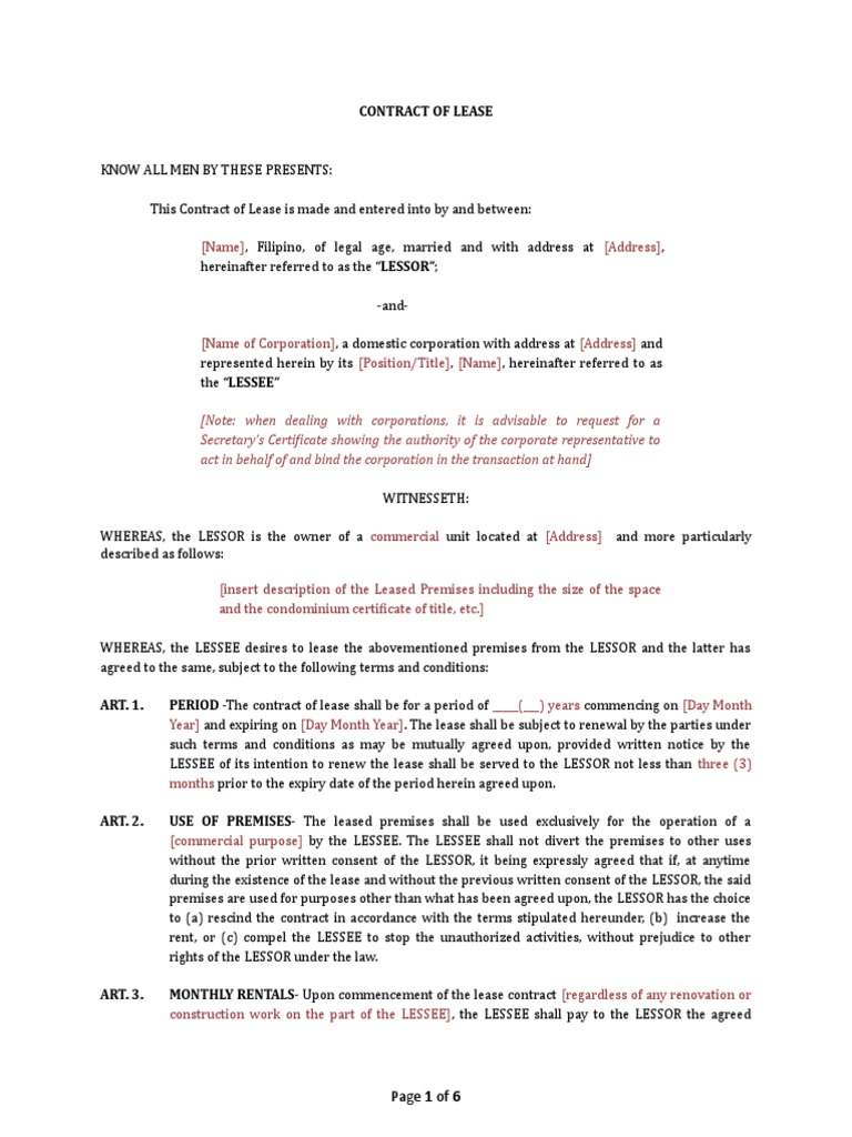 Contract of Lease Rental Agreement For Commercial Use Space With Rental