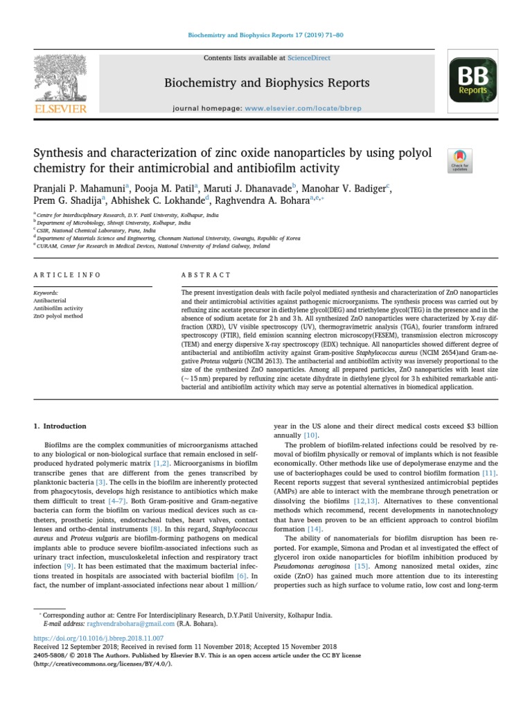 Biochemistry and Biophysics Reports Sciencedirect PDF Zinc Oxide