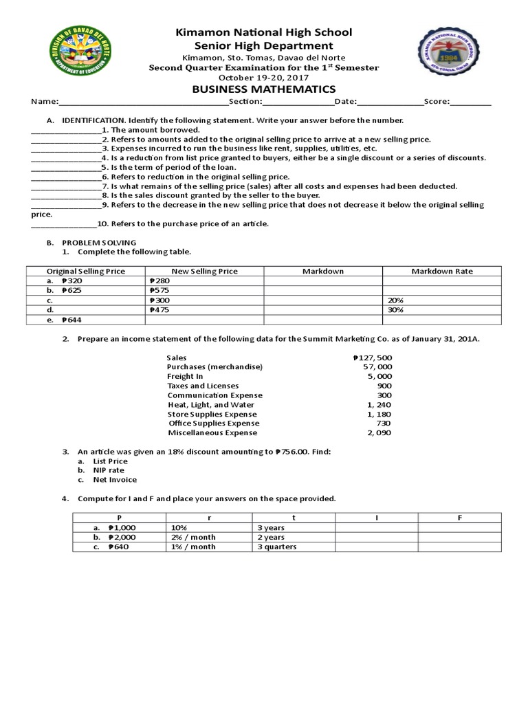 Business Mathematics Exam Guide | PDF | Prices | Expense