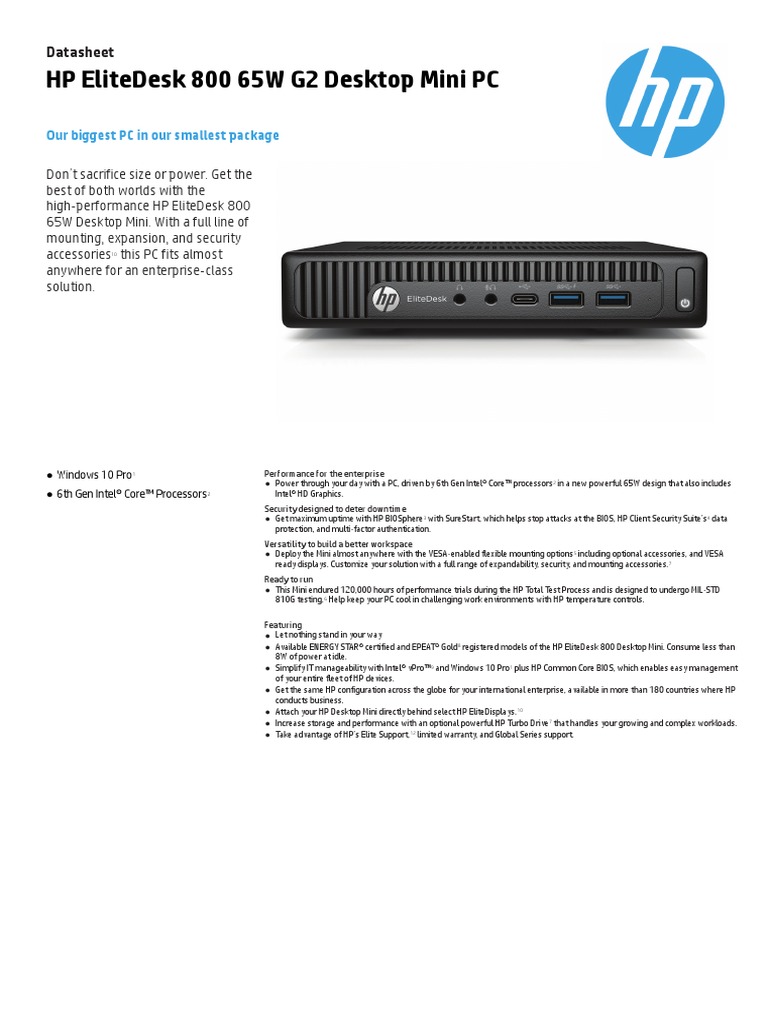 HP Elitedesk 800 65W G2 Desktop Mini PC: Datasheet | PDF | Desktop ...