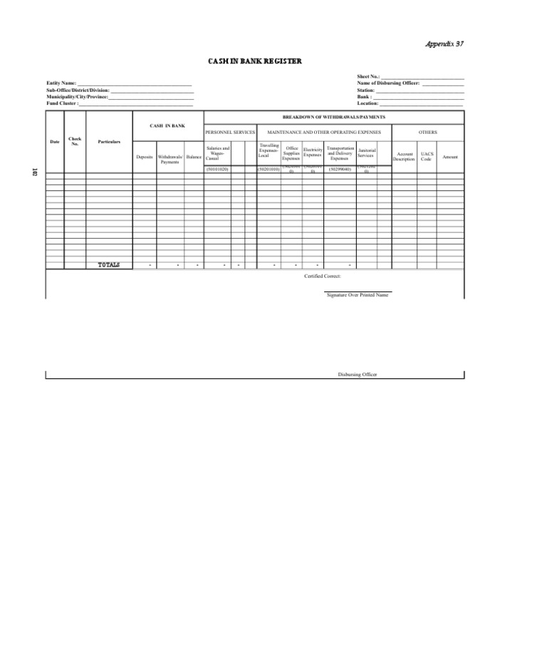 Cash in Bank Register Appendix 37 PDF Banks Banking