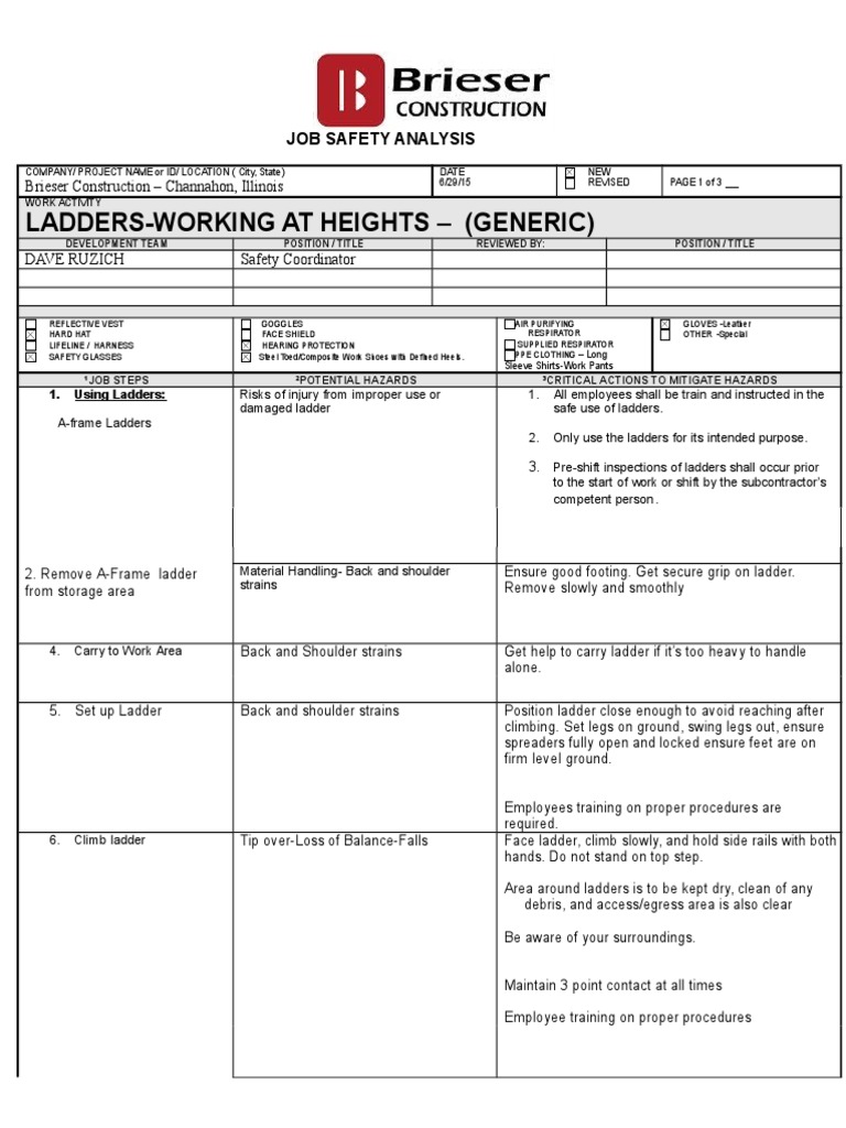 Job Safety Analysis for Working at Heights | PDF | Personal Protective ...