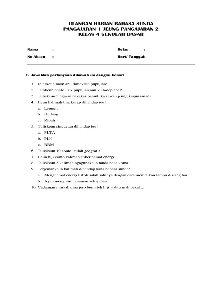 Ulangan Harian Bahasa Sunda Kelas 4