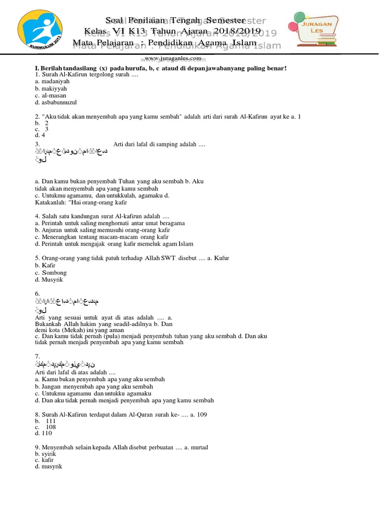 Soal Pts Uts Pai Kelas 6 Semester 1 2019 2020
