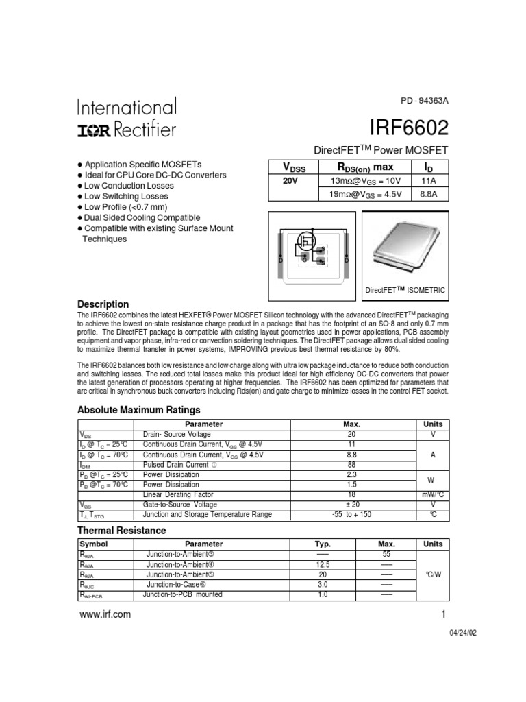 V R Max I: Directfet Power Mosfet | PDF | Field Effect Transistor | Mosfet