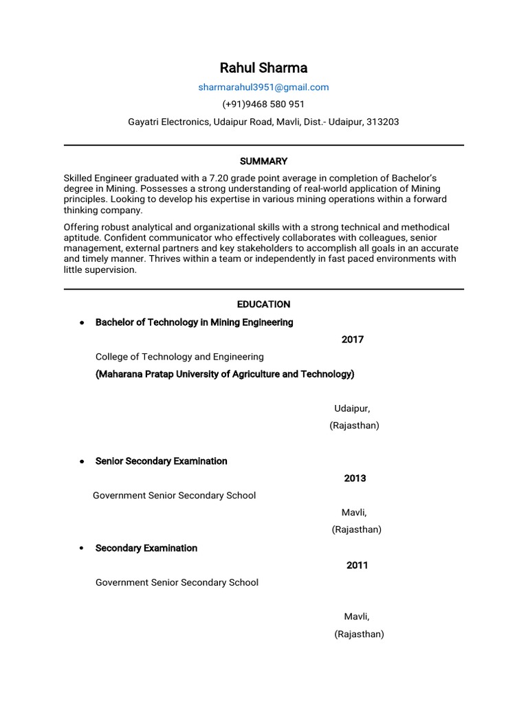 Mining Engineer Resume of Rahul Sharma | PDF