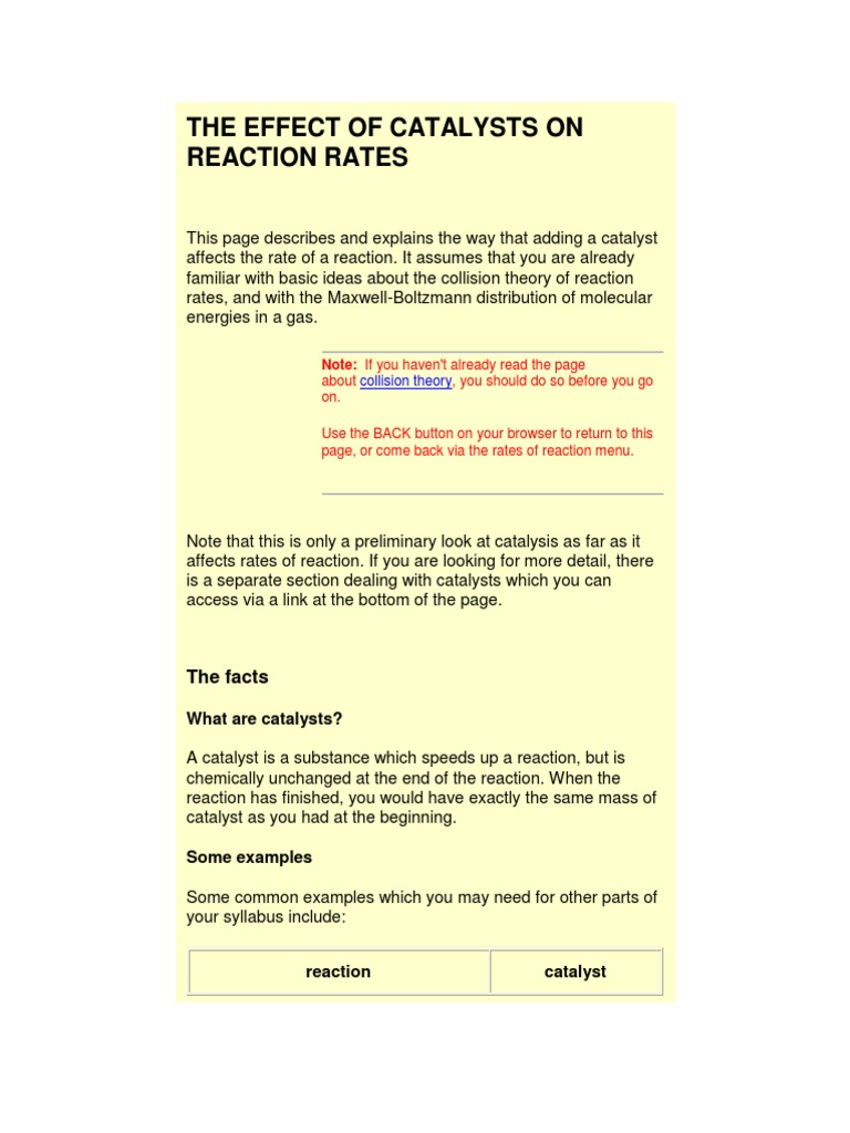 The Effect of Catalysts On Reaction Rates PDF Catalysis