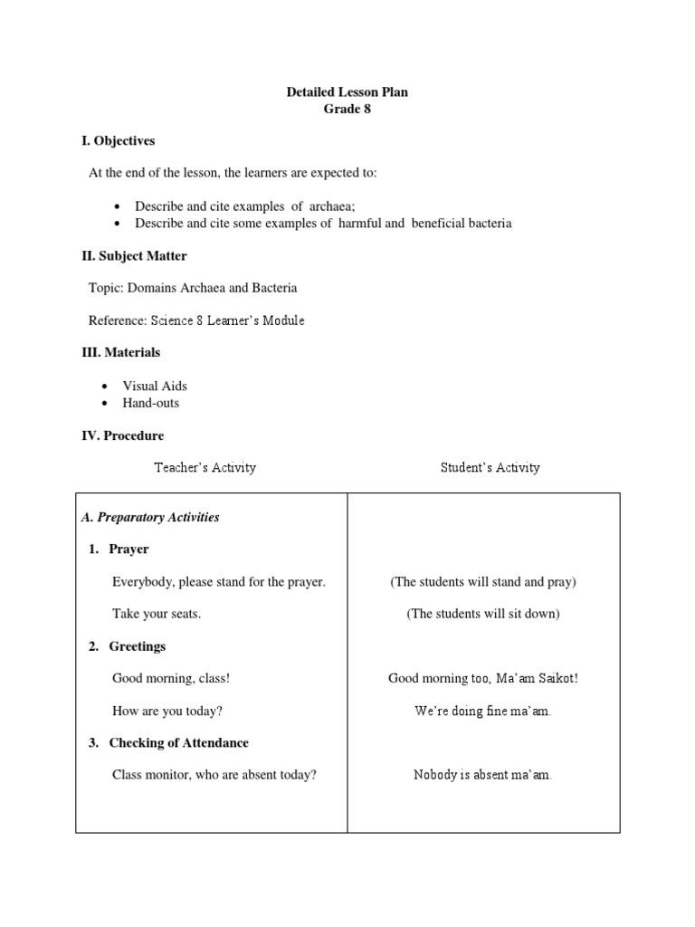 Detailed Lesson Plan Grade 8 I. Objectives A. Preparatory Activities
