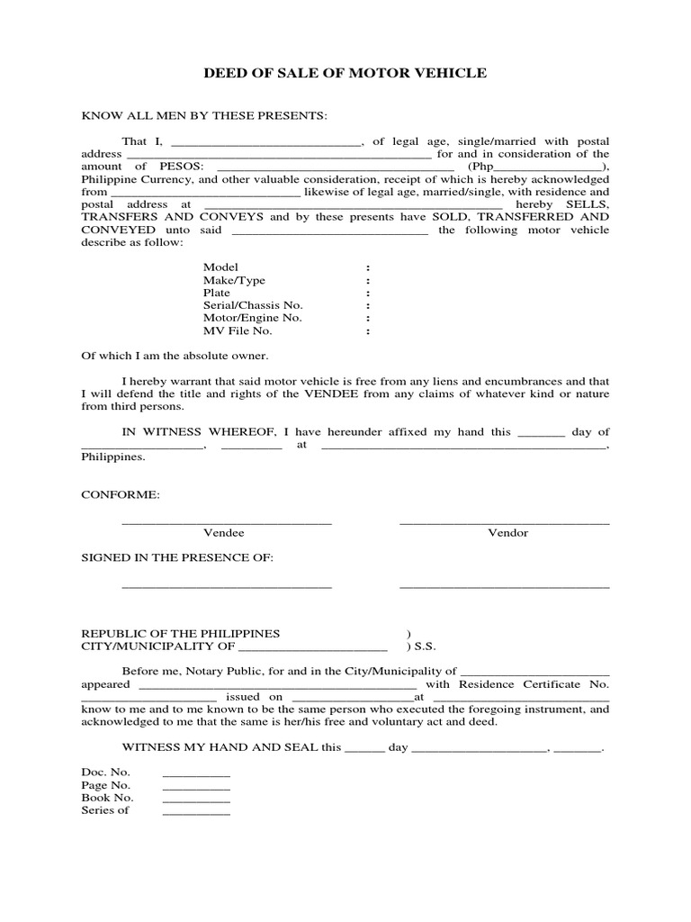 Motor Vehicle Deed of Sale Template | PDF | Deed | Property