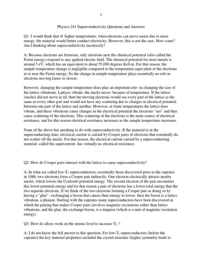 Physics 241 Superconductivity Questions and Answers | PDF ...