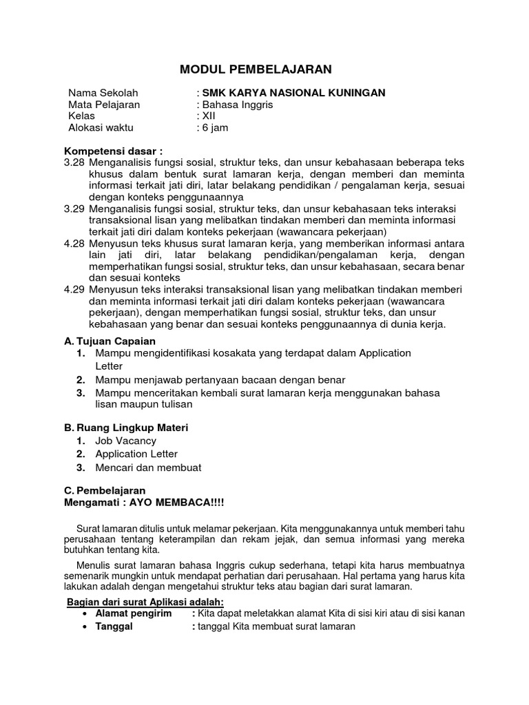 Modul B Inggris Application Letter Docx