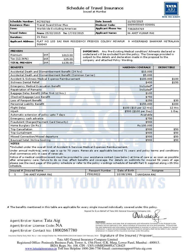 AIG Insurance Sample AmitRaipdf PDF PDF Deductible Insurance